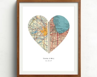 Personalized map, Heart map print, Anniversary gift, Map print, Custom wedding gift, Paper Anniversary, Map Art, Engagement gift