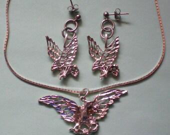 Sterling Silver Eagle Pendant Necklace with Pierced Earrings - 3365