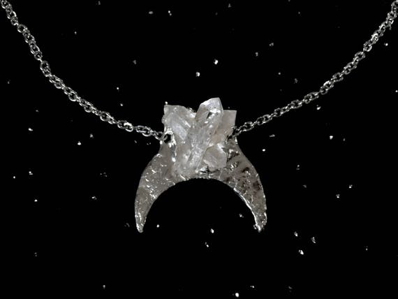 Quartz Pendant Crystal Crescent Moon Necklace Sterling Silver Smokey Phantom Clear Quartz with Inclusions Adjustable Stainless Steel Chain