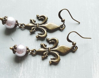 50% OFF Earrings, Lavender Pearl and fleur de lis dangle earrings 2