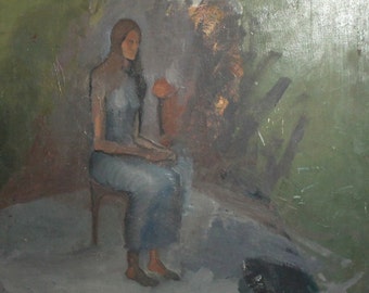 Vintage large oil painting portrait woman
