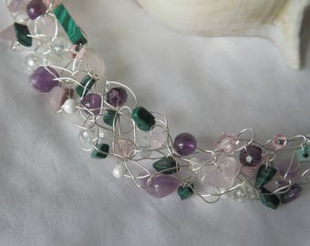 Amethyst, Rose Quartz & Malachite Crochet Wire Necklace
