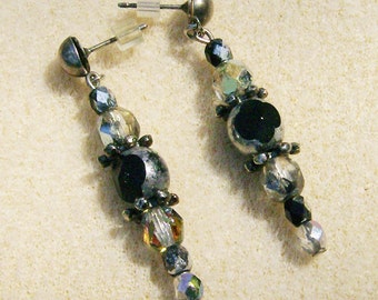 Vintage Bead Earrings - Handmade, Silver, Black & Clear Earrings on Silver Posts by JewelryArtistry - E644