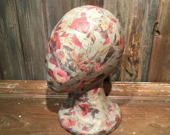 Vintage wallpaper styrofoam head, hat holder, hat display, jewelry display, mannequin head, decoupage head, hat holder, studio display