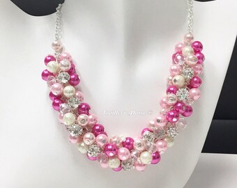 Hot Pink Bridesmaid Jewelry Shade of Pink Necklace Bridesmaid Gift Pearl Jewelry Cluster Necklace Wedding Jewelry Gift Idea for Mothers
