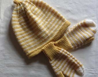 Hat & Mittens Hand Knitted Pure Merino Wool Baby, Toddler 12 months