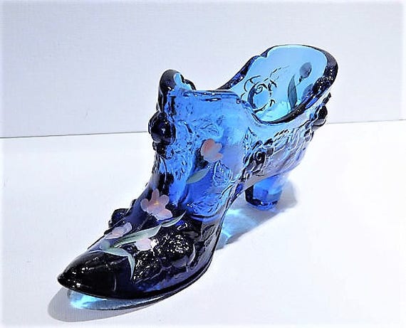 Fenton Glass Shoe / Cobalt / Blue / Cabbage Rose / Hand Painted