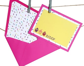 Cupcake Stationery with Lined Envelopes - Sprinkle Stationery - Cupcake Gift - Personalized Stationery - Kids Stationery - 8 or 12 piece set