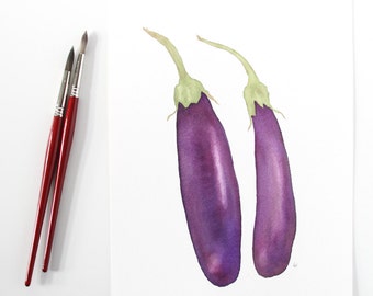 Watercolor Eggplant Original Botanical Fine Art / Kitchen Decor / 9x12 / Vegetable / Contemporary Realistic Painting /Purple / Illustration