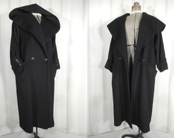 Vintage 1950s Coat / Plus Size Cashmere Swing Coat / Large Black Shawl Collar Coat with a Hood