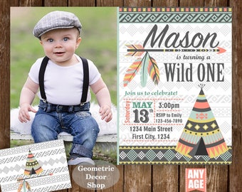 Wild one birthday invitation Boho 1st invite party First Boy invitations Photograph Tribal woodland sage green gay Photo Teepee Aztec Wild17
