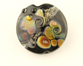 Lampwork Bead, Glass Lentil Focal, Black, Ivory, Silver, Purple, Blue