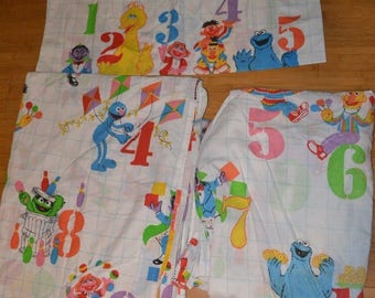 Vintage Sesame Street Numbers Twin Sheet Flat Fitted Pillowcase Fabric Muppets