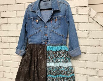 The Bethany upcycled denim jacket dress: wearable art, size medium, boho, sustainable clothing, festival, Melbury Road.