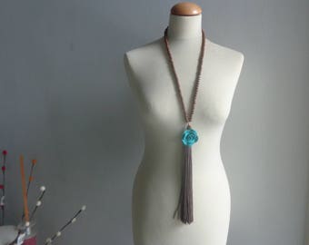 Brown tassel necklace, brown turquoise Statement necklace longer style, colorful necklace, flower necklace