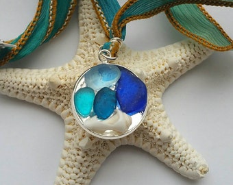 Genuine mosaic sea glass pendant with silk ribbon