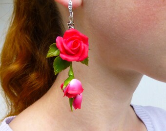 Rose earrings Dark pink earrings Long earrings Pink earrings Floral earrings Flower earrings Red earrings Gift for women Sister gift