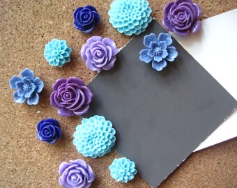 Thumbtack Set, 12 pc Flower Pushpins, Purple, Blue and Aqua, Office Supply, Bulletin Board Thumbtacks, Wedding Decor, Housewarming Gift