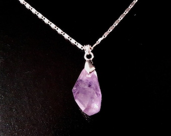 Natural Amethyst point pendant with chain and silver bail