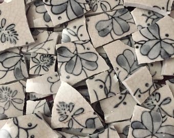 Mosaic Tiles from Broken Plate Grey Navy Blue Flower Design 100 Pieces