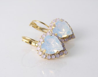 Swarovski Opal Heart Earrings. White Opal and Rose Water Opal. Bridesmaid Gift. Simple Modern Jewelry by Smallbluethings