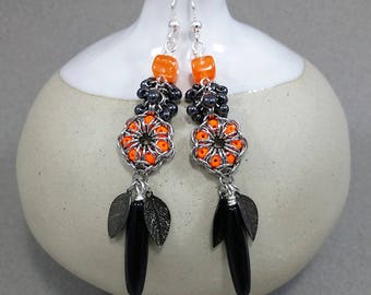 Black & Orange earrings, long earrings, Halloween Jewelry