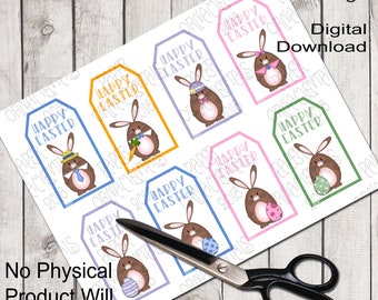 Printable Gift Tags Party Favor Tags Easter Bunny Art Digital Gift Tags Instant Download Brown Bunny Graphics Purple And Green Blue And Pink