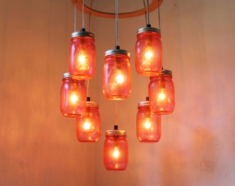 St. Valentines PINK Heart Shaped Mason Jar Chandelier - Rustic Hanging Pendant Lighting Fixture - Direct Hardwire - BootsNGus Lamp Design