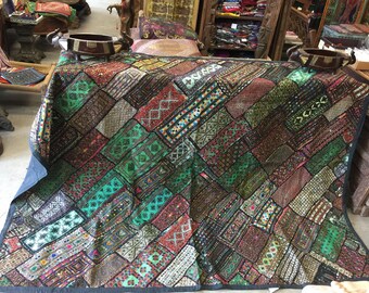 Antique Vintage Green Original Tapestry Hand Crafted Zardozi Beaded RUG Wall Hanging Decor