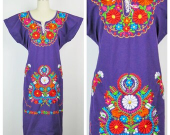 Vintage 1980s Dress / Purple 80s Embroidered Mexican Peasant Dress / One Size