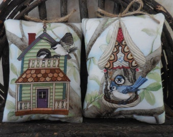 Primitive Summer Bird & Bird House Pillow Tucks Titmouse Chickadee Home Decor