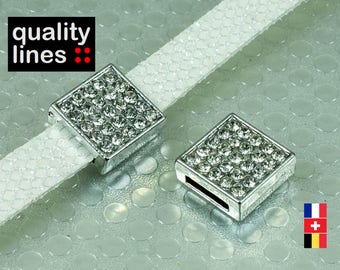 Silver rhinestone 8mm flat leather cord loop / 1.5 mm - 8 mm slide