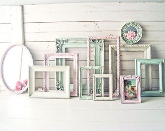 Pink and Mint Vintage Frames, Baby Girl Nursery Frames, MADE to Order, Oval Ornate Frames, Shabby Chic Frames, Painted Picture Frame Set