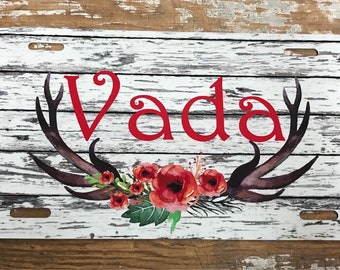monogram license plate antlers wood look distressed car tag personalized monogrammed