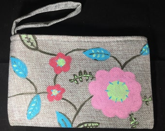 Hand Painted Pink, Teal and Green Flowers on Gray Linen Wristlet