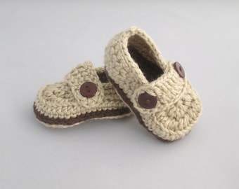 Baby Boy's Handmade Crocheted Loafer Style Booties/ Crocheted Booties/ Baby Loafers/ Baby Booties/ Baby Slip On Shoes/ Brown Booties