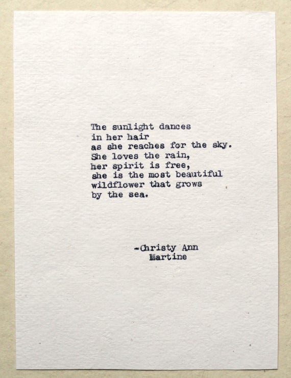 Boho Art - Bohemian Decor - Gifts for Nature Lover - The Sunlight Dances In Her Hair - Wildflower Poem Typed by Poet with Vintage Typewriter