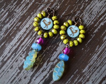 Unlisted - Boho Bold Earrings - Olive Green and Blue - Bird Earrings - Hoop Earrings - Rustic Earrings - Long Earrings - Bead Soup Jewelry