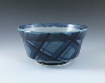 MADE-T0-ORDER Bowl, Blue Ceramic Bowl, Porcelain Bowl, Ceramic Soup Bowl, Blue Plaid Bowl, Wheel Thrown Pottery Bowl, Ceramic Cereal Bowl