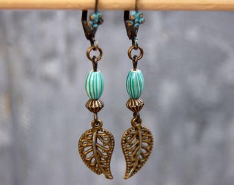 Leaf earrings, Tribal Earrings, Bohemian Earrings, Turquoise Earrings, Dangle Earrings, Boho Jewelry, Ethnic earings, Hippie Gift for her,,