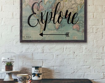 Explore Print, Travel Poster, World Map Art, Travel Quote, Motivational Wall, World Map Poster, Inspirational Quote, Vintage Map, Wanderlust