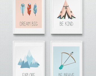 Tribal Nursery, Tribal Prints, Nursery Wall Art, Boho tribal nursery, Nursery Prints, Nursery Decor - Dream Big/Explore/Be Brave/Be Kind