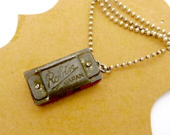 Vintage MINI HARMONICA NECKLACE Sterling Silver Dog Chain Robin Japan Mini Working 2 Slot Toy Harmonica