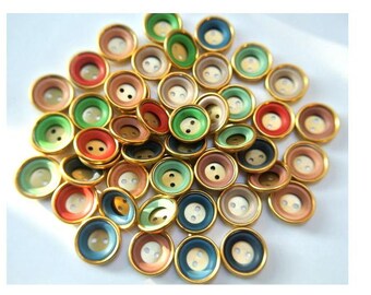 48 Antique Vintage buttons gold color metal with 8 colors plastic circles, 24mm