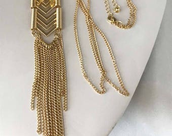 Long Gold Plated Chevron Pendant Necklace w Heart Hound Greyhound or Whippet