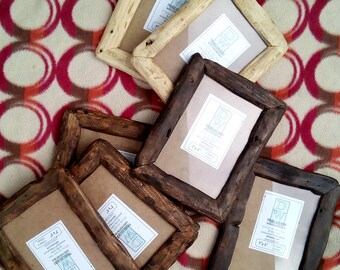 Rustic/driftwood style frames in locally sourced,recycled pine in medium dark or very dark wax finish.To fit 7"x5"