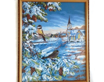 Paint by Number Vintage Wall Art Winter Scene PBN Chickadees Trees Snowy Scene Church Framed Art