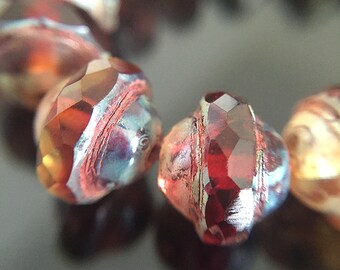 Fuchsia and Amber Glass Saturn Beads, Mixed Colors Czech Glass Flying Saucer Beads, Glass UFO Beads with Picasso, 8x10mm - 10 beads (SAT-08)