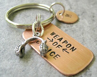 Personalized HEADPHONES Keychain, Weapon of Choice, hand stamped, gift for the DJ, the itunes obsessed, the podcaster, optional initial disc