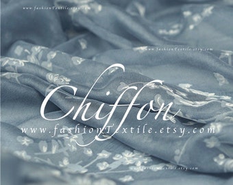 Steel blue Chiffon White flowers synthetic silk fabric by meter